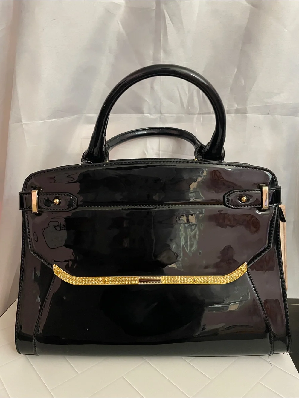 Structured Black Patent Satchel with Gold Accent